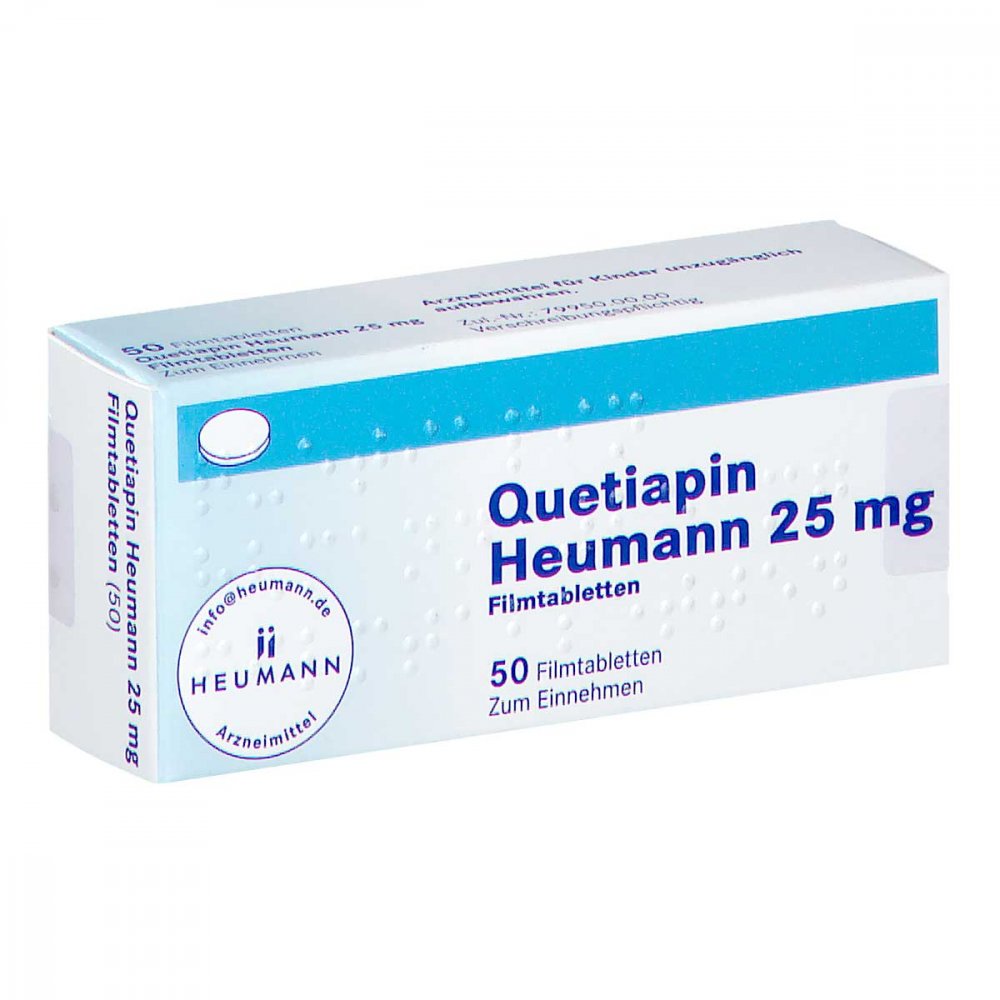 Das Produktfoto zeigt Quetiapin Heumann 25 Mg Filmtabletten (50 stk) PZN 08850643