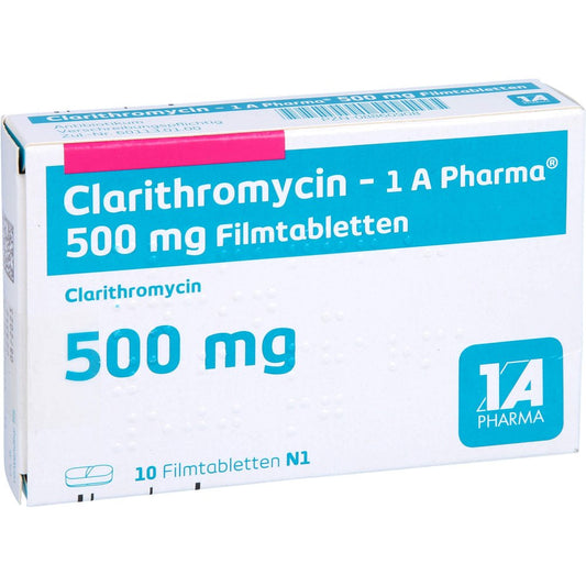 Das Produktfoto zeigt Clarithromycin-1a Ph.500mg Filmtabletten (10 stk) PZN 08860908