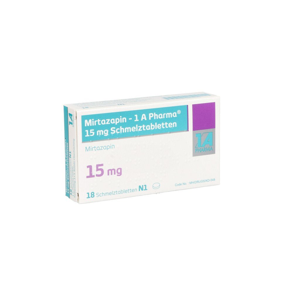Das Produktfoto zeigt Mirtazapin-1a Pharma 15 Mg Schmelztabletten (18 stk) PZN 08860914
