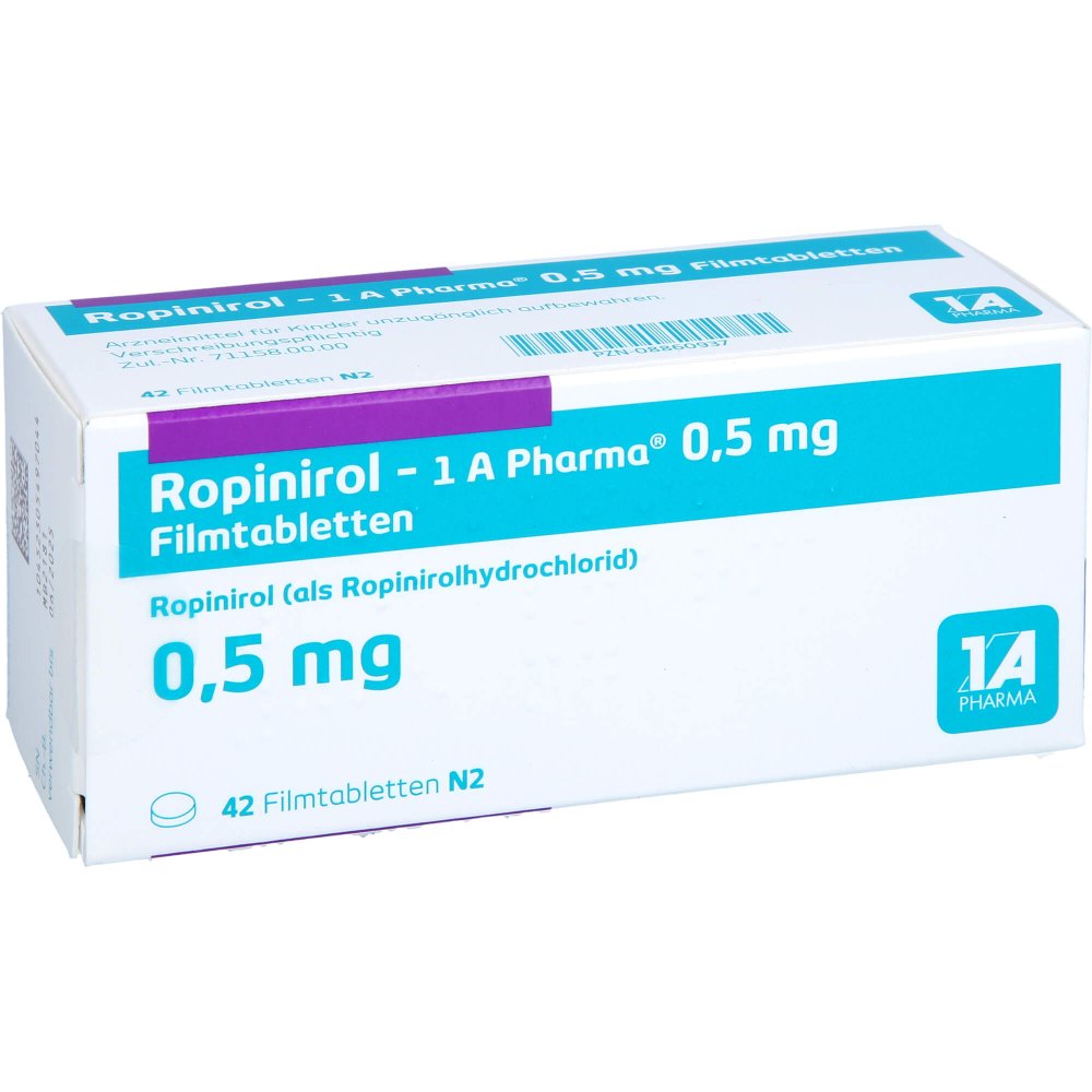Das Produktfoto zeigt Ropinirol-1a Pharma 0,5 Mg Filmtabletten (42 stk) PZN 08860937