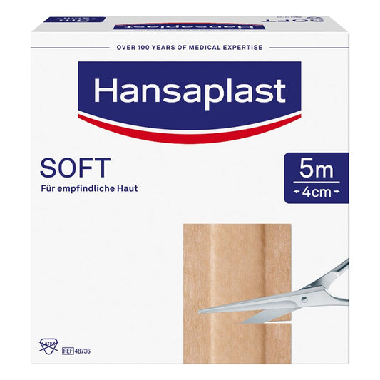Das Produktfoto zeigt Hansaplast Soft Pflaster 4 Cmx5 M Rolle (1 stk) PZN 08861291