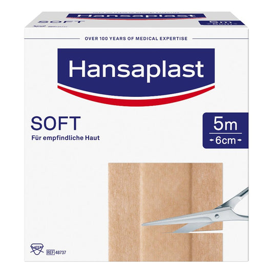 Das Produktfoto zeigt Hansaplast Soft Pflaster 6 Cmx5 M Rolle (1 stk) PZN 08861345