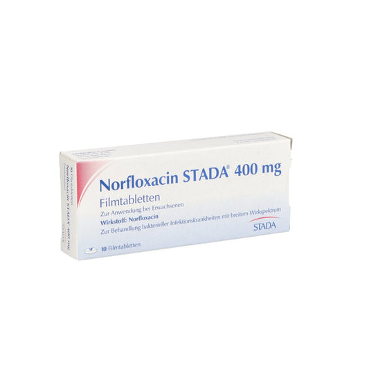 Das Produktfoto zeigt Norfloxacin Stada 400 Mg Filmtabletten (10 stk) PZN 08865047
