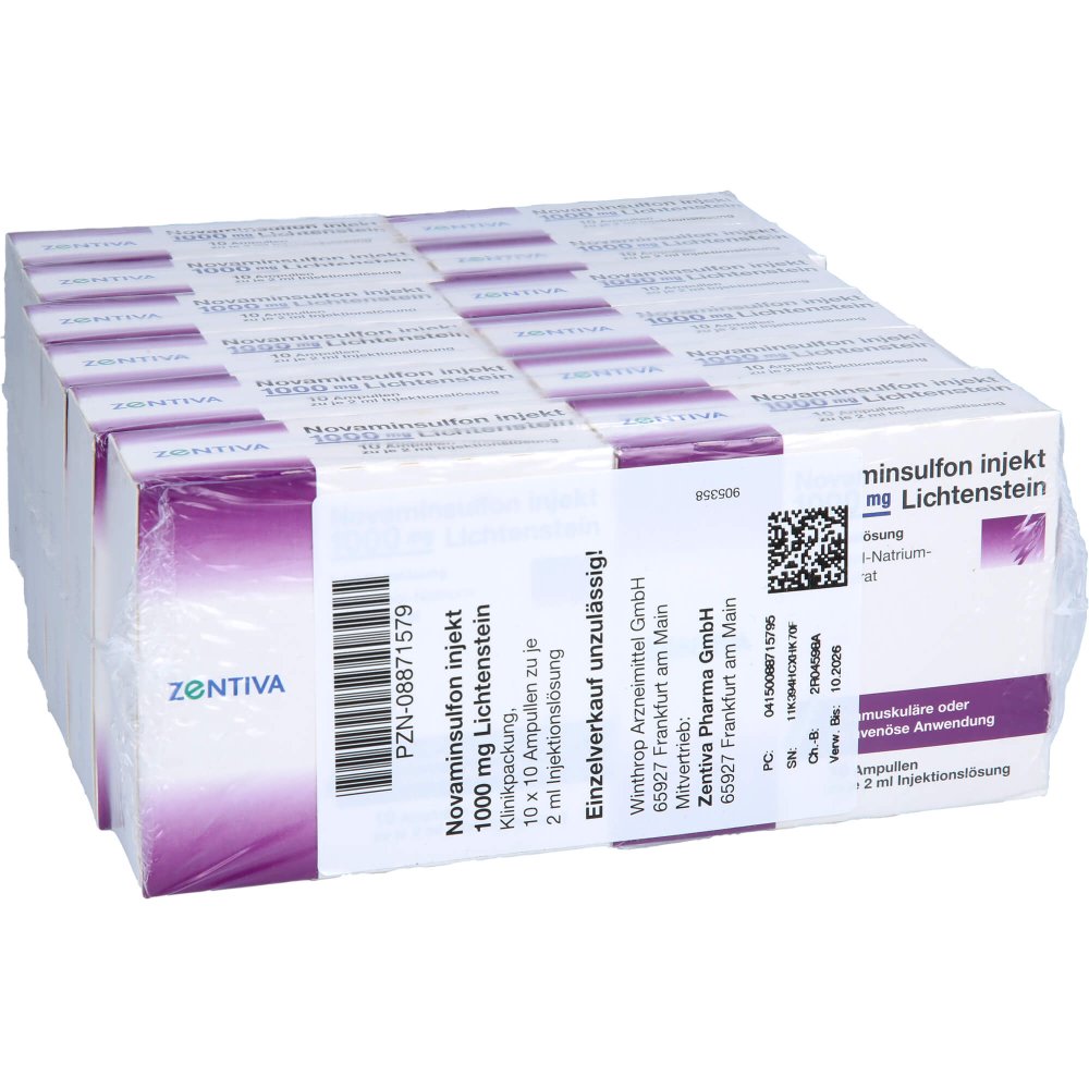 Das Produktfoto zeigt Novaminsulfon Injekt 1000 Mg Lichtenstein Inj.-L. (100X2 ml) PZN 08871579
