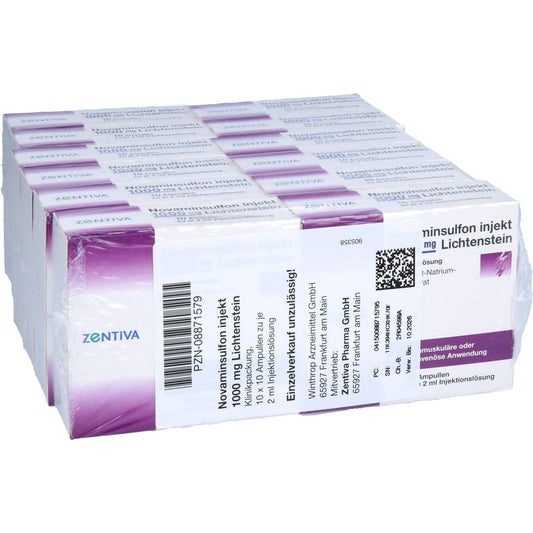 Das Produktfoto zeigt Novaminsulfon Injekt 1000 Mg Lichtenstein Inj.-L. (100X2 ml) PZN 08871579