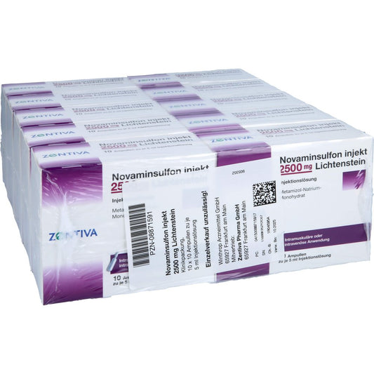 Das Produktfoto zeigt Novaminsulfon Injekt 2500 Mg Lichtenstein Inj.-L. (100X5 ml) PZN 08871591