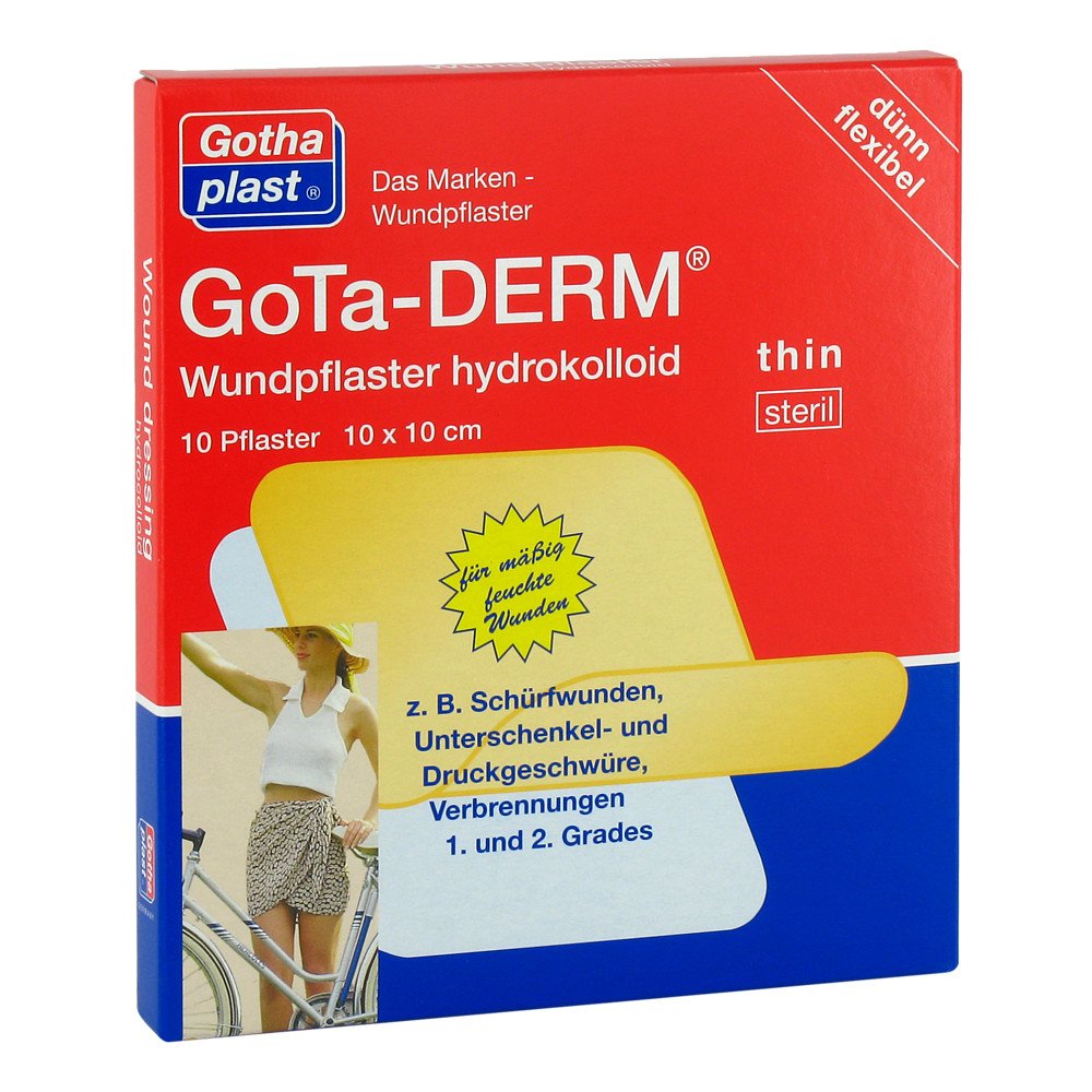 Das Produktfoto zeigt Gota-Derm Thin Hydrokoll.Wundpfl.Steril 10x10 Cm (10 stk) PZN 08880041