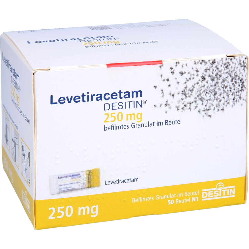 Das Produktfoto zeigt Levetiracetam Desitin 250 Mg Granulat (50 stk) PZN 08890950