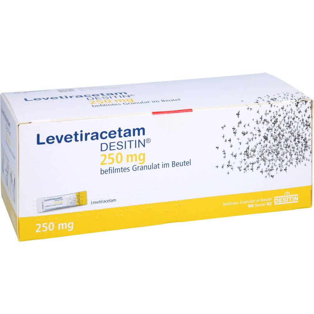 Das Produktfoto zeigt Levetiracetam Desitin 250 Mg Granulat (100 stk) PZN 08890967
