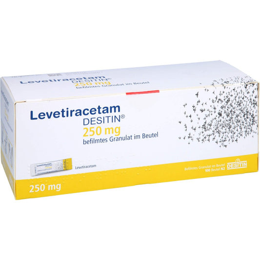 Das Produktfoto zeigt Levetiracetam Desitin 250 Mg Granulat (100 stk) PZN 08890967