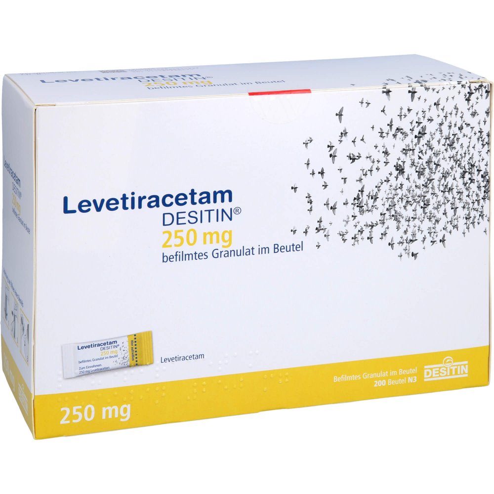 Das Produktfoto zeigt Levetiracetam Desitin 250 Mg Granulat (200 stk) PZN 08891122
