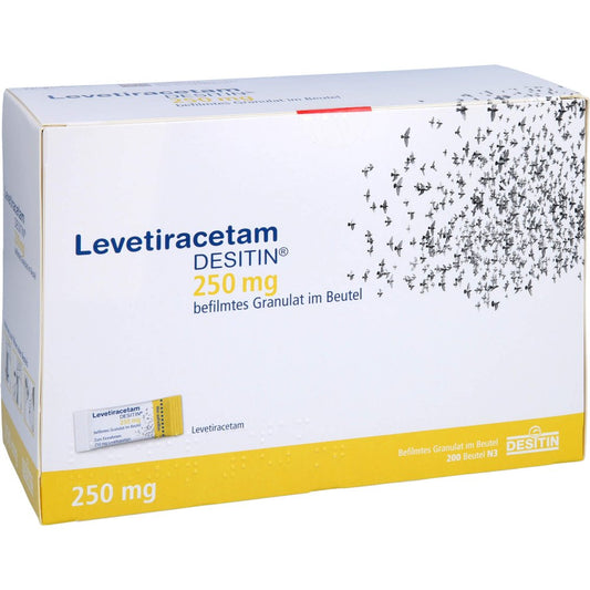 Das Produktfoto zeigt Levetiracetam Desitin 250 Mg Granulat (200 stk) PZN 08891122