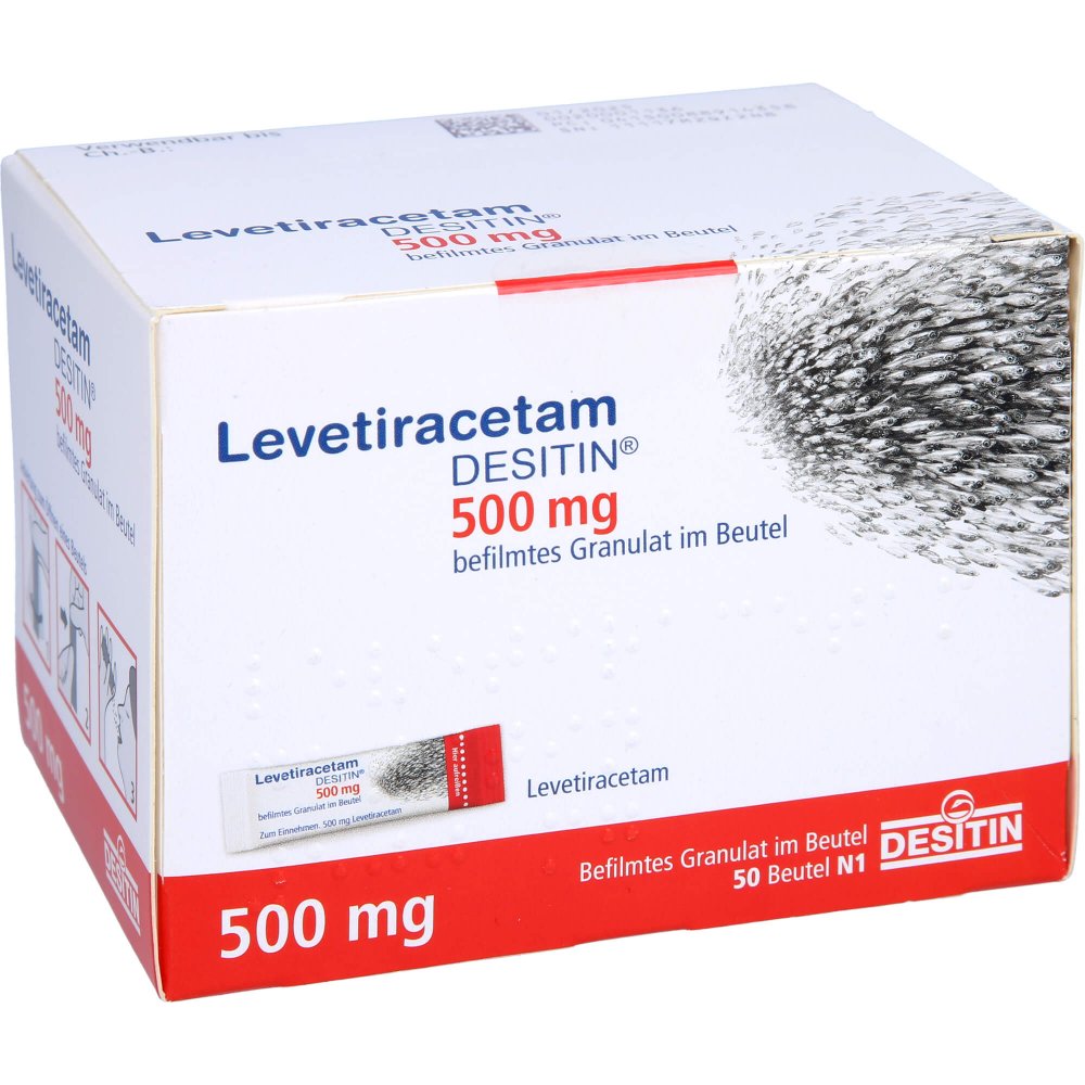 Das Produktfoto zeigt Levetiracetam Desitin 500 Mg Granulat (50 stk) PZN 08891435