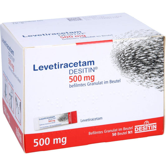 Das Produktfoto zeigt Levetiracetam Desitin 500 Mg Granulat (50 stk) PZN 08891435