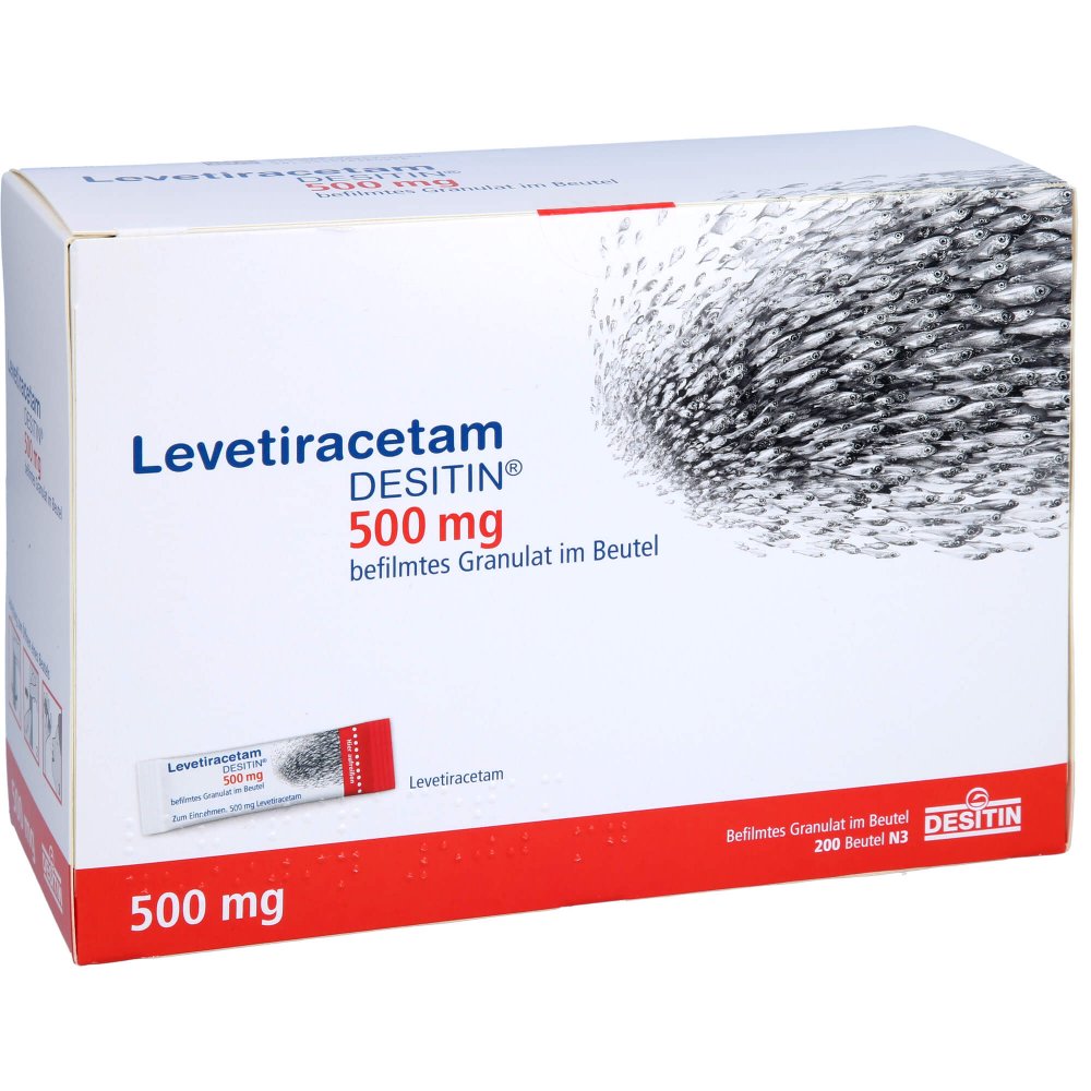 Das Produktfoto zeigt Levetiracetam Desitin 500 Mg Granulat (200 stk) PZN 08891665