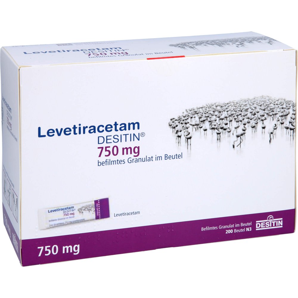 Das Produktfoto zeigt Levetiracetam Desitin 750 Mg Granulat (200 stk) PZN 08891760