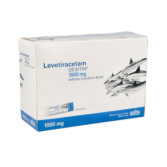 Das Produktfoto zeigt Levetiracetam Desitin 1000 Mg Granulat (200 stk) PZN 08891932
