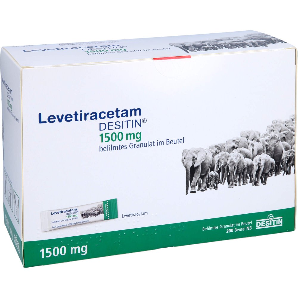 Das Produktfoto zeigt Levetiracetam Desitin 1500 Mg Granulat (200 stk) PZN 08892009