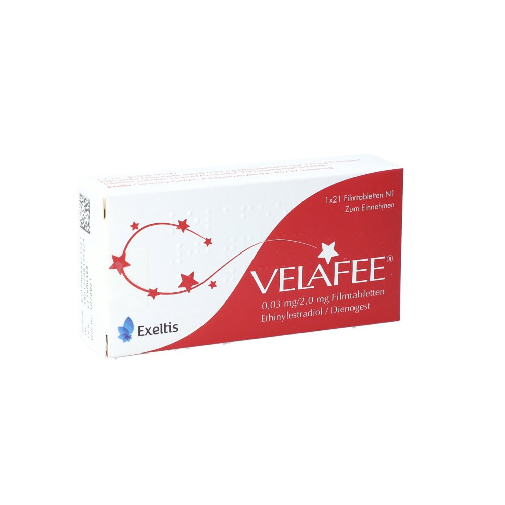 Das Produktfoto zeigt Velafee 0,03 Mg/2 Mg Filmtabletten (1X21 stk) PZN 08892156