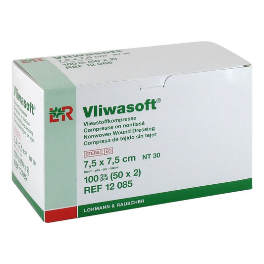 Das Produktfoto zeigt Vliwasoft Vlieskompressen Steril 7,5x7,5 Cm 6l. (50X2 stk) PZN 08900884