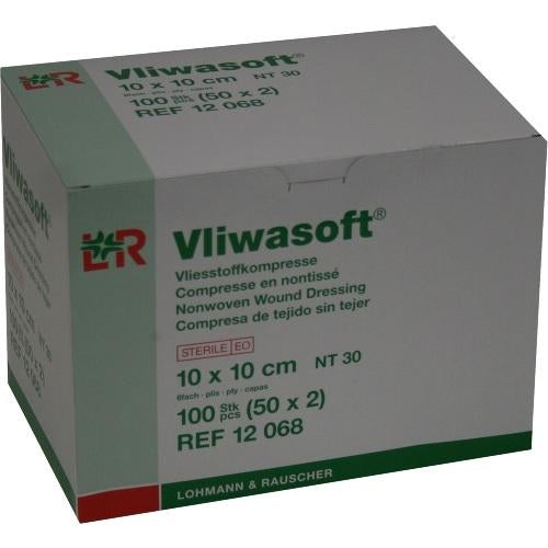 Das Produktfoto zeigt Vliwasoft Vlieskompressen Steril 10x10 Cm 6l. (50X2 stk) PZN 08900890