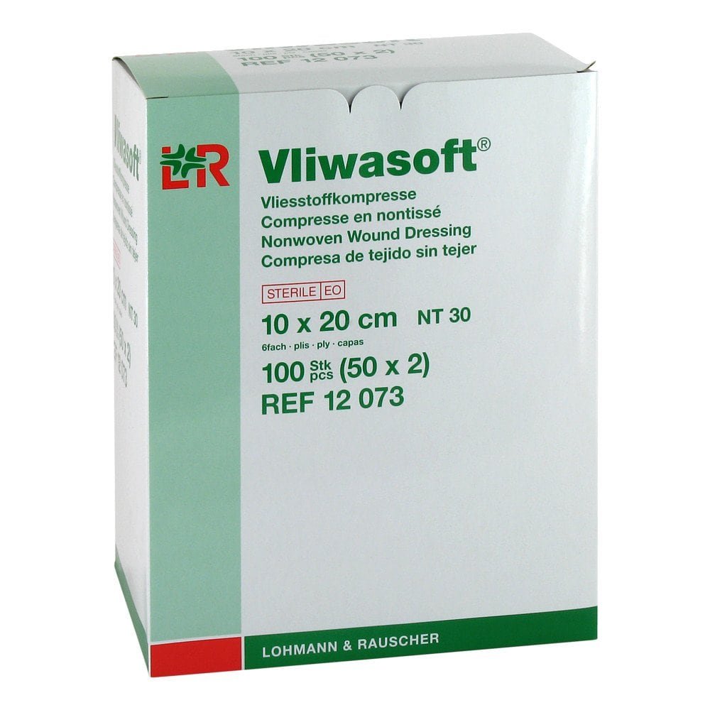 Das Produktfoto zeigt Vliwasoft Vlieskompressen Steril 10x20 Cm 6l. (50X2 stk) PZN 08900909