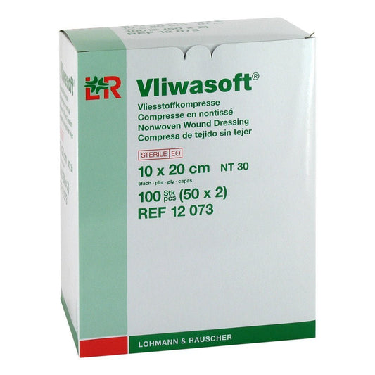 Das Produktfoto zeigt Vliwasoft Vlieskompressen Steril 10x20 Cm 6l. (50X2 stk) PZN 08900909