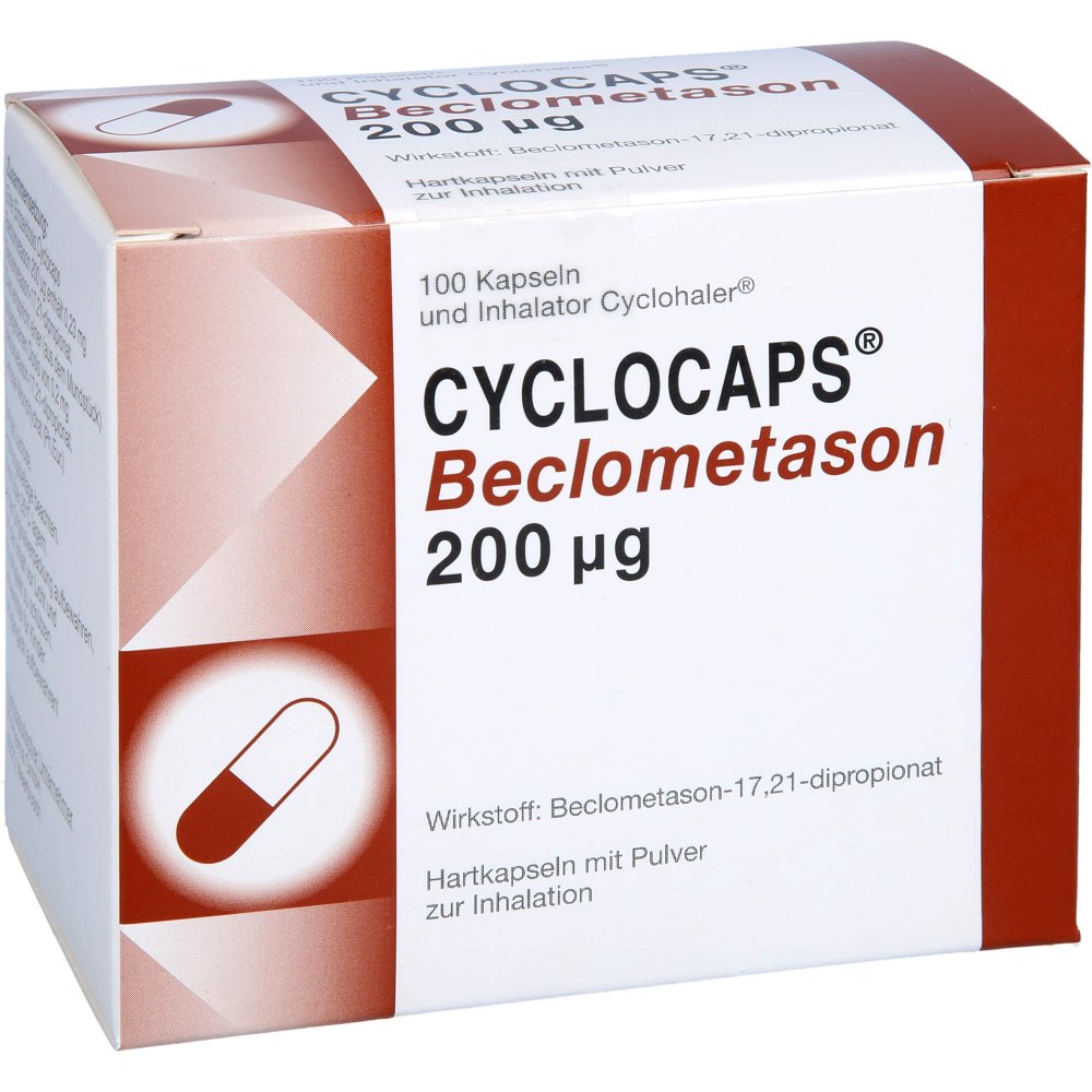 Das Produktfoto zeigt Cyclocaps Beclometason 200 Μg Inh.Kaps.+Cyclohaler (100 stk) PZN 08907596