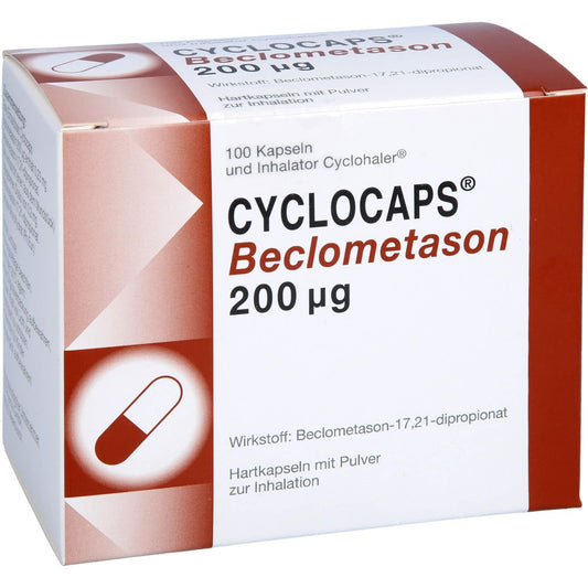 Das Produktfoto zeigt Cyclocaps Beclometason 200 Μg Inh.Kaps.+Cyclohaler (100 stk) PZN 08907596