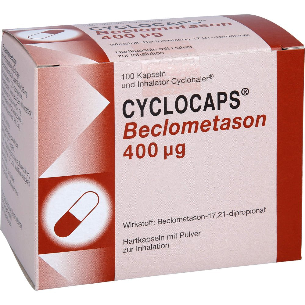 Das Produktfoto zeigt Cyclocaps Beclometason 400 Μg Inh.Kaps.+Cyclohaler (100 stk) PZN 08907745