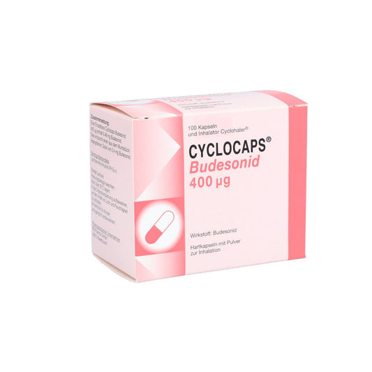 Das Produktfoto zeigt Cyclocaps Budesonid 400 Μg Inh.Kaps.+Cyclohaler (100 stk) PZN 08907857