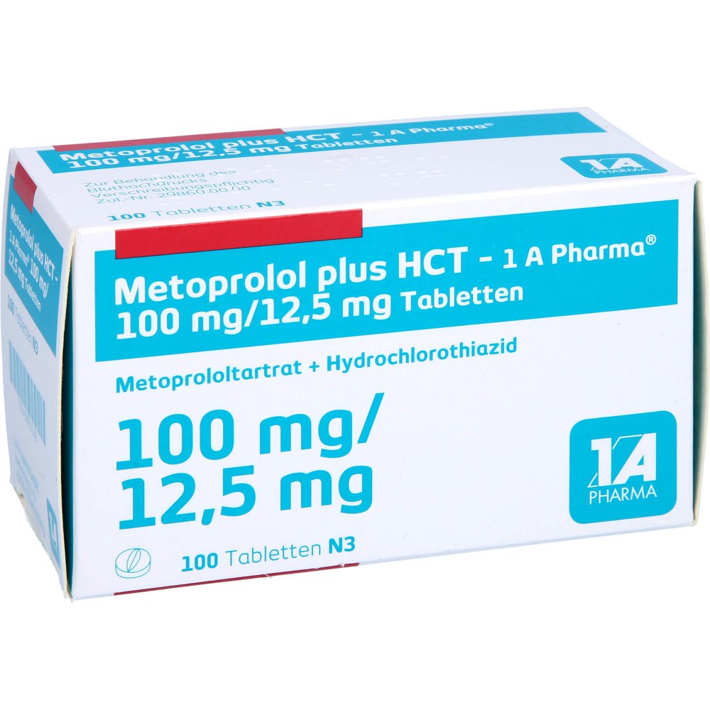 Das Produktfoto zeigt Metoprolol Plus Hct-1a Pharma 100mg/12,5mg Tabl. (100 stk) PZN 08913119