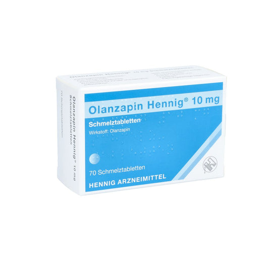 Das Produktfoto zeigt Olanzapin Hennig 10 Mg Schmelztabletten (70 stk) PZN 08914099
