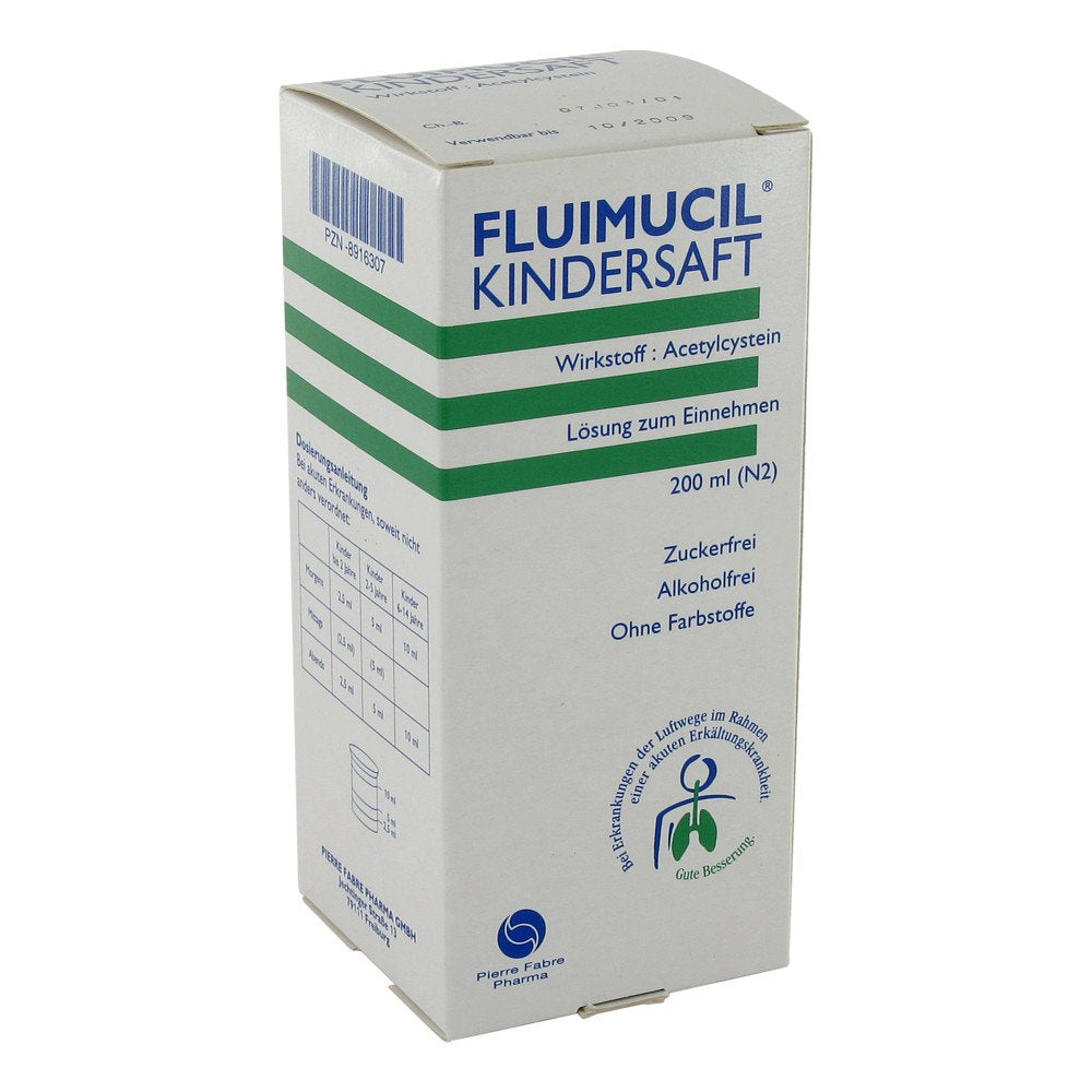 Das Produktfoto zeigt Fluimucil Kindersaft (200 ml) PZN 08916307