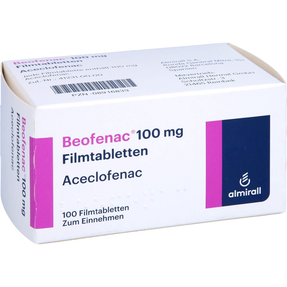 Das Produktfoto zeigt Beofenac 100 Mg Filmtabletten (100 stk) PZN 08916833