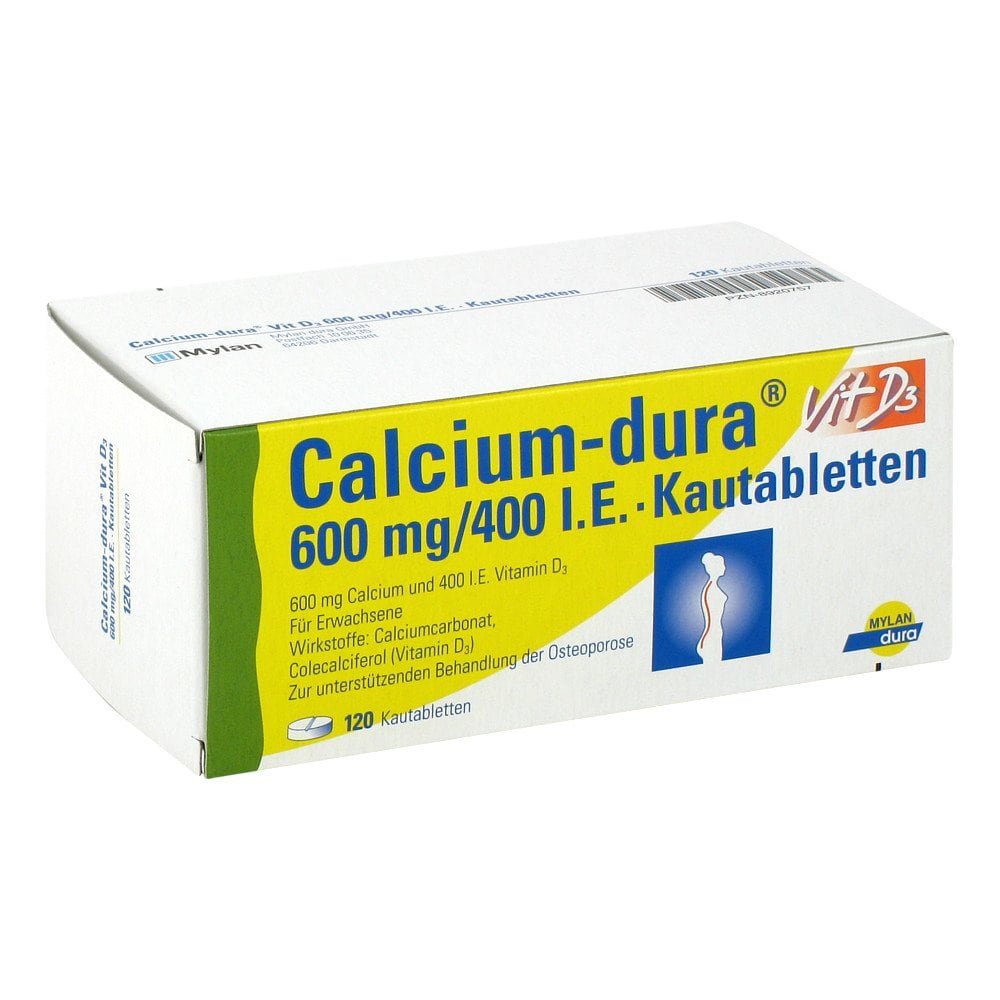 Das Produktfoto zeigt Calcium Dura Vit D3 600 Mg/400 I.E. Kautabletten (120 stk) PZN 08920757