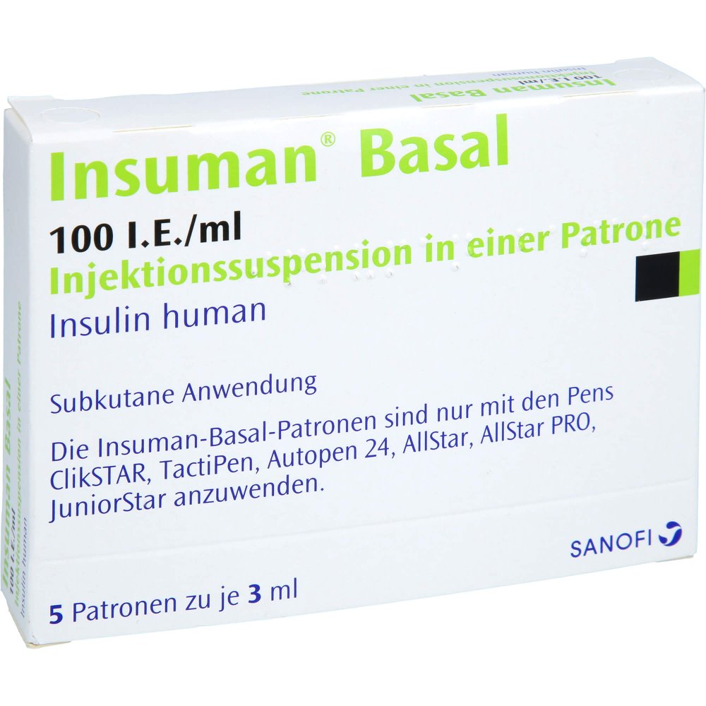 Das Produktfoto zeigt Insuman Basal 100 I.E./Ml Injekt.-Susp.I.E.Patrone (5X3 ml) PZN 08922845
