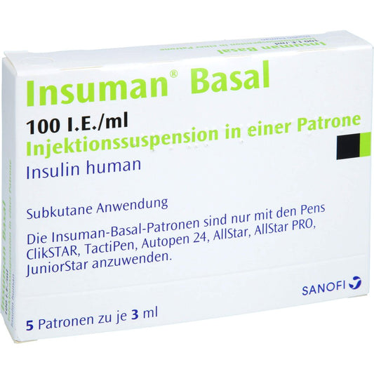 Das Produktfoto zeigt Insuman Basal 100 I.E./Ml Injekt.-Susp.I.E.Patrone (5X3 ml) PZN 08922845