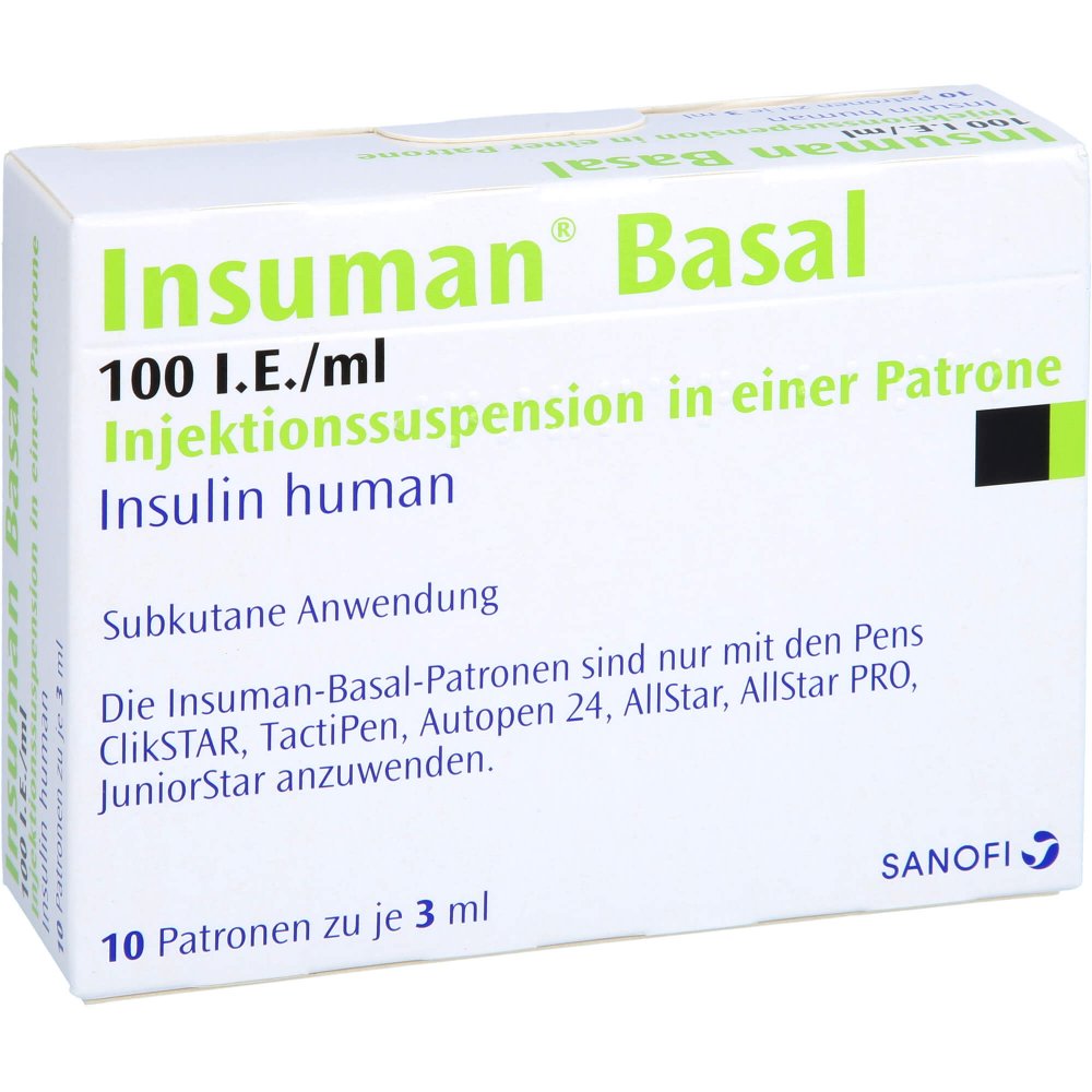 Das Produktfoto zeigt Insuman Basal 100 I.E./Ml Injekt.-Susp.I.E.Patrone (10X3 ml) PZN 08922851