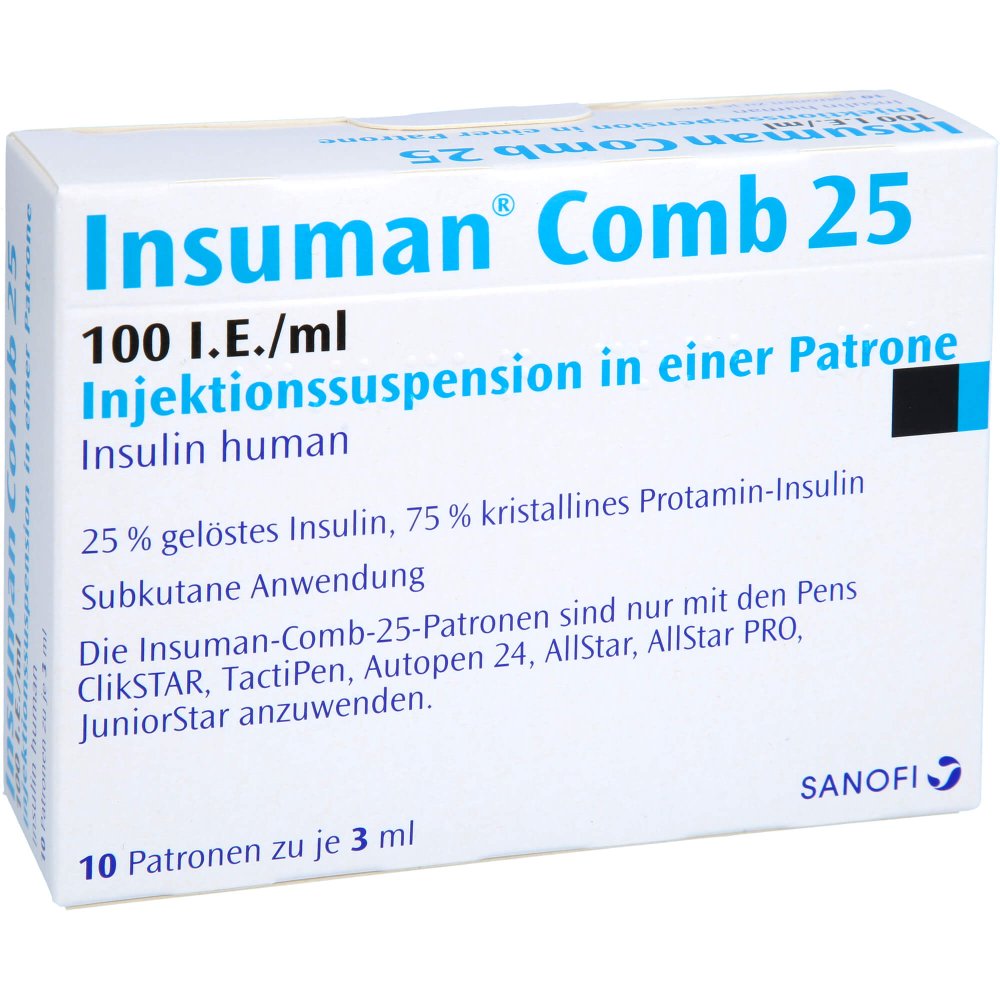 Das Produktfoto zeigt Insuman Comb 25 100 I.E./Ml Inj.-Susp.I.E.Patrone (10X3 ml) PZN 08922897