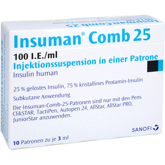 Das Produktfoto zeigt Insuman Comb 25 100 I.E./Ml Inj.-Susp.I.E.Patrone (10X3 ml) PZN 08922897