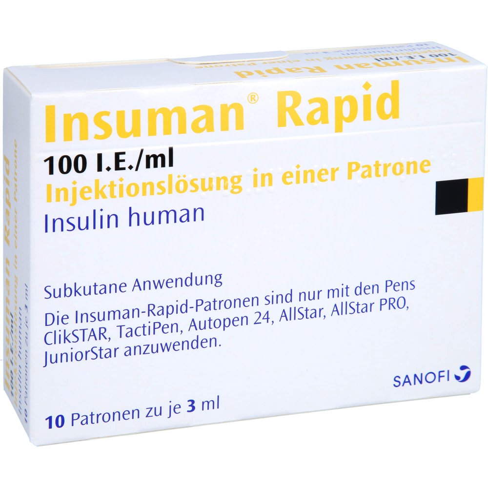 Das Produktfoto zeigt Insuman Rapid 100 I.E./Ml Inj.-Lösung I.E.Patrone (10X3 ml) PZN 08923000
