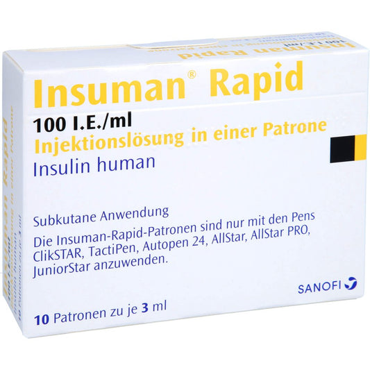 Das Produktfoto zeigt Insuman Rapid 100 I.E./Ml Inj.-Lösung I.E.Patrone (10X3 ml) PZN 08923000