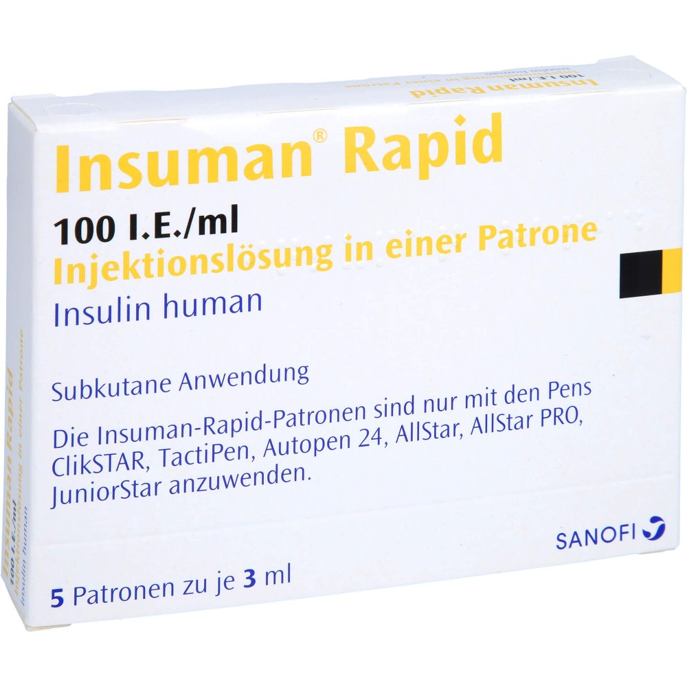 Das Produktfoto zeigt Insuman Rapid 100 I.E./Ml Inj.-Lösung I.E.Patrone (5X3 ml) PZN 08923023