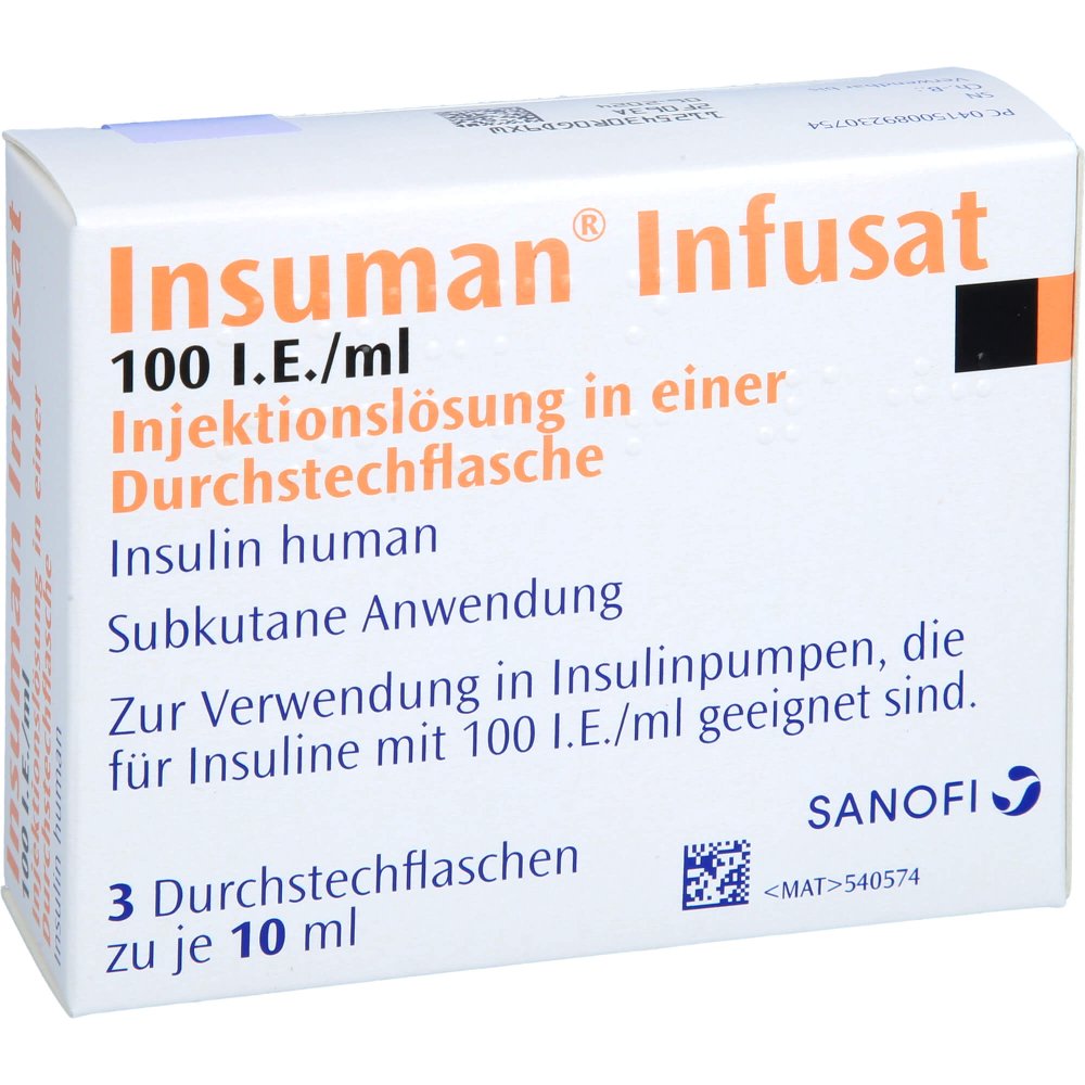 Das Produktfoto zeigt Insuman Infusat 100 I.E./Ml Inj.-Lsg.I.E.Dsfl. (3X10 ml) PZN 08923075