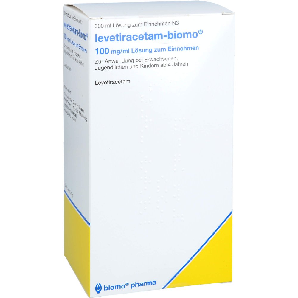 Das Produktfoto zeigt Levetiracetam-Biomo 100 Mg/Ml L.Z.E.10ml Dos.Spr. (300 ml) PZN 08930661