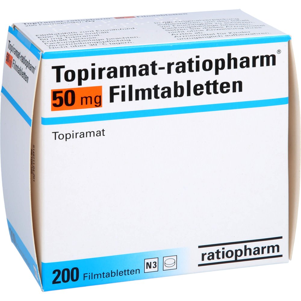 Das Produktfoto zeigt Topiramat-Ratiopharm 50 Mg Filmtabletten (200 stk) PZN 09001515