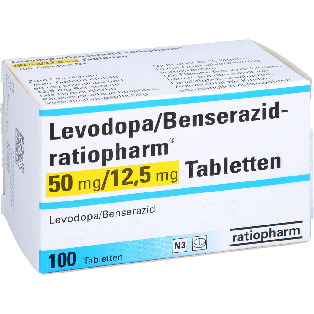 Das Produktfoto zeigt Levodopa/Benserazid-Ratiopharm 50 Mg/12,5 Mg Tabl. (100 stk) PZN 09002555