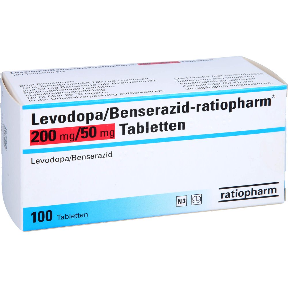 Das Produktfoto zeigt Levodopa/Benserazid-Ratiopharm 200 Mg/50 Mg Tabl. (100 stk) PZN 09002584