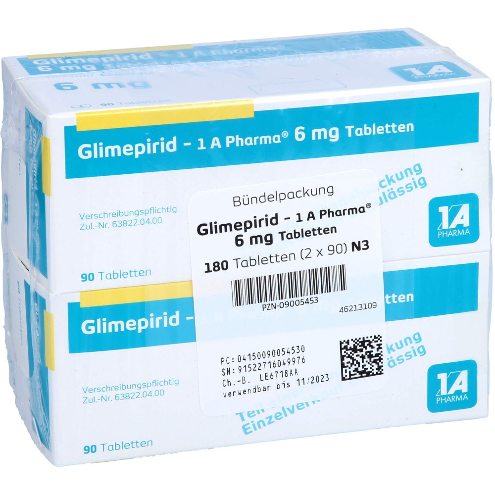 Das Produktfoto zeigt Glimepirid-1a Pharma 6 Mg Tabletten (180 stk) PZN 09005453